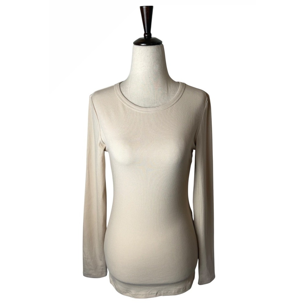 Anrabess Long Sleeve Top Womens Size S Beige New Ribbed Crew Neck TL00037